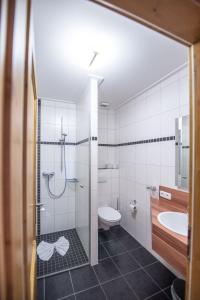 SeinsheimWeingut Kernwein的带淋浴、卫生间和盥洗盆的浴室
