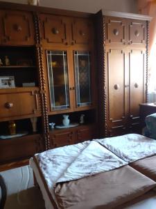 奥巴曹洛克Karkusz Apartman的一间卧室配有一张床和一些木橱柜。