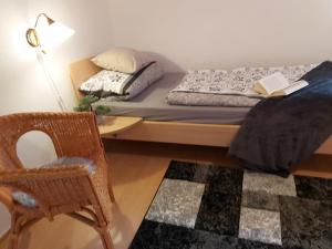 HohenauHaus "Panorama"的一间卧室配有一张床和一张桌子及椅子