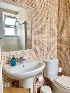 米尔芳提斯城Pirata hostel Milfontes的一间带水槽、卫生间和镜子的浴室