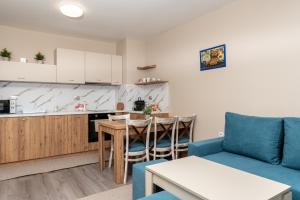 韦林格勒City Apartments 2的带沙发和桌子的客厅以及厨房。