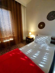 新马尔马拉斯Rania House的一间卧室配有一张带红色毯子的床和窗户。
