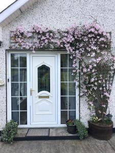 利特里姆Lough Aduff Lodge 5 minutes from Carrick on Shannon的大楼内一扇花朵的白色门