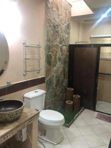 大雅台Tagaytay BNR Guesthouse 4BR With Balcony 12-14 Guest的一间带卫生间和石墙的浴室