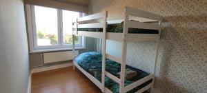 德帕内Kind -& diervriendelijk huisje的客房设有两张双层床和窗户。