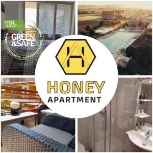 摩拉瓦托普利采Honey Apartment的绿色安全蜂蜜公寓标志照片的拼贴