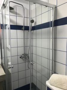 英雄港A Cabana的浴室铺有蓝色和白色瓷砖,设有淋浴。