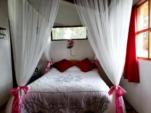奥塔瓦洛Hosteria Rose Cottage的一间卧室配有带白色窗帘和红色枕头的床。