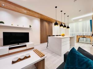 贝尔格莱德Vivio 2 Luxury Apartment的客厅配有大电视和沙发
