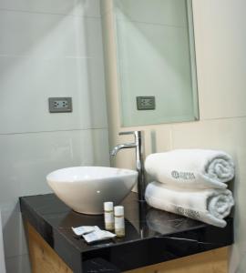 莫克瓜Hotel Tierra del Sol Moquegua的浴室配有盥洗盆、镜子和毛巾