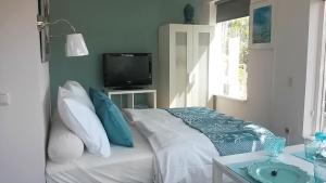 滨海韦克开阔美景度假屋的一间卧室配有一张带蓝色枕头的床和电视。