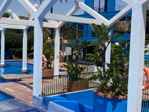 贝纳尔马德纳BENALBEACH LOFT Encatador的度假村的游泳池拥有蓝色的水和植物