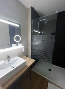 沙特拉永普拉日LOGIS Hotel Majestic Chatelaillon Plage - La Rochelle的一间带水槽和玻璃淋浴的浴室