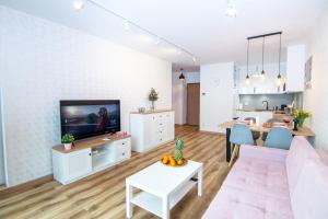 格但斯克Maya's Flats & Resorts 48 - Szafarnia的带沙发、电视和桌子的客厅