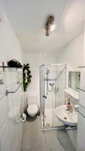 台格纳坎蒂娜阿拉酒店的带淋浴、卫生间和盥洗盆的浴室