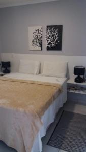 科伦巴Yes Vancouver Flats的卧室内的一张床铺,墙上有两张照片