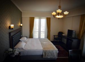 安卡拉莫尼克酒店的一间卧室配有一张床、一台电视和吊灯。