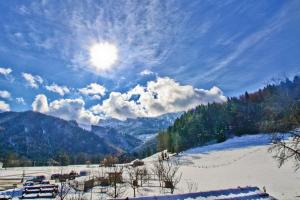 基姆高地区阿绍Ferienwohnungen Wanderparadies Bauernhof的天空中一片雪地,阳光照耀着