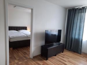 利普托斯基米库拉斯apartmán Filloména的一间卧室配有一张床、镜子和电视