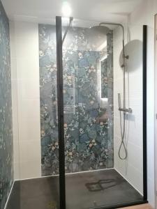 萨尔拉拉卡内达chambres d’hôte le breuil的浴室里设有玻璃门淋浴