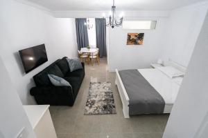 阿尔巴尤利亚Armada Aparthotel的一间卧室配有一张床、一张沙发和一张桌子