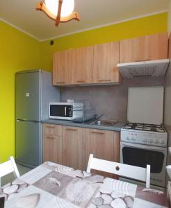 波兹南Noclegi Malta Poznań的厨房配有冰箱和微波炉。