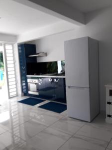 勒拉芒坦JONA APT的厨房配有蓝色橱柜和白色冰箱