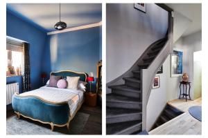 布鲁塞尔Design family 2-Bedroom House & Garden的一间卧室设有蓝色的墙壁和一张带楼梯的床。