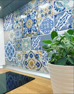 阿纳卡普里La Maiolica的蓝白瓷砖覆盖的墙壁,植物