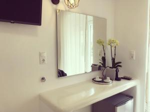 纳克索乔拉Taki's Guests的浴室水槽内装有镜子和鲜花