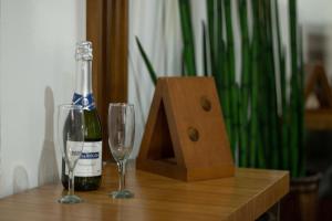 卡内拉Residencia Hencke Haus的桌子上放有一瓶葡萄酒和两杯酒