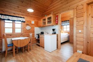 ÖlfusNupar Cottages的小屋内的厨房设有木墙和木地板