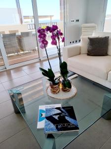 卡列罗港VILLA LANZAROTE的客厅配有白色沙发和玻璃桌