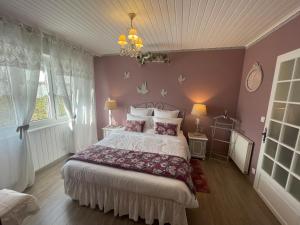 利克维Gite Riquewihr "C'est Beau la Vie Alsace"的一间卧室配有一张床和一个吊灯