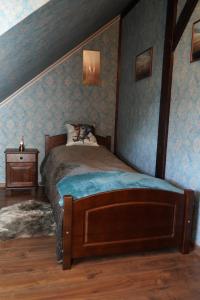 斯塔勒亚布伦基Królowa Luiza i Wiking的一间设有床铺的卧室,位于一间拥有蓝色墙壁的房间