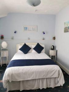伊林港Athol Park Guest House的一间卧室配有一张带蓝色枕头的大床