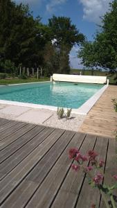 Saint-Jean-Saint-GermainLongère du sud Touraine au Coeur du Val de Loire的蓝色的游泳池,设有木甲板和鲜花