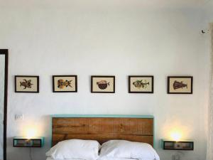 蓬塔穆赫雷斯Ocean’s Eleven Punta Mujeres的卧室配有一张四幅画的墙壁床。