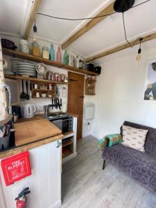 MellisMr Hares shepherd hut的一间小房间的厨房,内配沙发