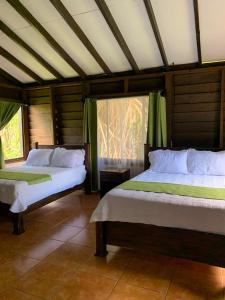Hacienda GuayaboColinas del Miravalles Hotel & Hot Springs的绿窗帘间内的两张床