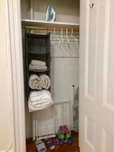 剑桥Comfortable Whole Apartment 1 Bed 1 Bath at Harvard-MIT的衣柜配有毛巾和带毛巾的衣架