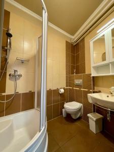 下厄尔什Vöröskő Apartman Alsóörs的浴室配有卫生间、淋浴和盥洗盆。