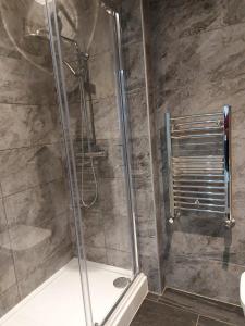 克罗伊登Apartment & Rooms in London的浴室里设有玻璃门淋浴