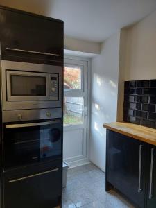 克罗伊登Apartment & Rooms in London的厨房配有微波炉和窗户。