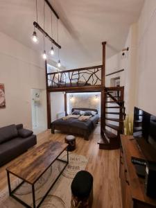 米什科尔茨Vintage Apartman in city center的客厅配有高架床和沙发