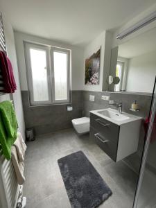 卡劳特格瑞斯赫Neues Ferienhaus的一间带水槽、卫生间和镜子的浴室