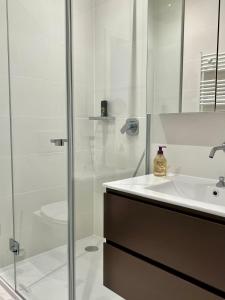 日内瓦Luxury Apartment in Central Geneva的白色的浴室设有水槽和淋浴。