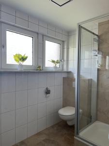 吉森Ferienhaus-Ost的一间带卫生间的浴室和两个窗户。