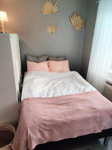 波里Viihtyisä yksiö Porissa的一间卧室配有一张床铺,床上铺有粉色毯子