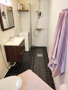 波里Viihtyisä yksiö Porissa的浴室配有水槽和带紫色毛巾的淋浴